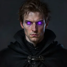 Portrait of a man in a black cloak with glowing purple eyes, detailed face, fantasy, highly detailed, cinematic lighting, digital art painting by greg rutkowski