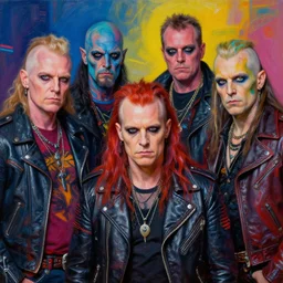 apocalyptic scifi orcish biker characters posing together in a professional band photo, psychedelic vibrant colors, futuristic punk rock fashion, oil painting by michael whelan art, perfect faces, sharp focus, detailed eyes, realistic, leather jacket, 8 k
