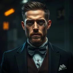 a rugged young engineer man with cybernetic enhancements wearing a suit and bowtie, detailed face, scifi character portrait by greg rutkowski, esuthio, craig mullins, 1 / 4 headshot, cinematic lighting, dystopian scifi gear, gloomy, profile picture, mechanical, half robot, implants, steampunk