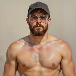 painting of a stocky young man with toned muscles wearing aviator glasses and a baseball cap, with dense brown stubble and a full moustache, sparse chest hair, by Jeremy Mann, stylized, detailed, realistic, warm tones, summer vibes, glistening skin, loose brush strokes