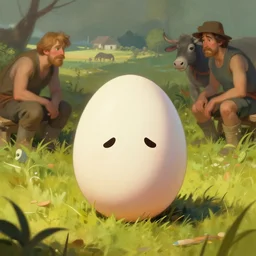 a sad egg at the farm by frank frazetta, craig mullins, artgerm