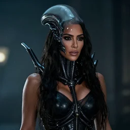 photo still kim kardashian with alien xenomorph face hugger attached to face face, cinematic full shot.