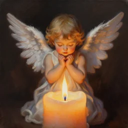 a small angel of fire above a candle, realistic painting, high definition, digital art, matte painting, very detailed, realistic