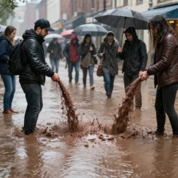 people on street get sink on chocolate liquid rain, flooded with chocolate