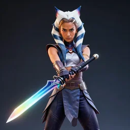 Ahsoka Tano with Iridescent blades, dramatic lighting, cinematic pose, rainbow blades,