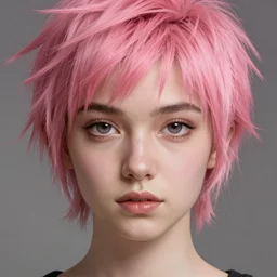 portrait of a young woman with short pink spiky hair and dark eyes, intricate, elegant, highly detailed, digital painting, artstation, concept art, sharp focus, illustration, art by aleksi briclot, rutkowski