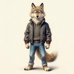 expressive stylized master furry artist digital colored pencil painting full body portrait character study of the sergal wolf small head fursona animal person wearing clothes jacket and jeans by master furry artist blotch