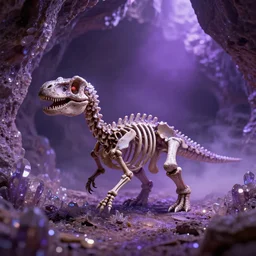 full shot portrait of tiny dinosaur skeleton lying in a cave covered in shiny crystals, detailed, unreal engine 4k volumetric light, fog, purple color palette