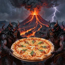 masked demons grabbing a large pizza!!!, in the background is a volcano spewing lava and black smoke, streams of glowing hot lava, flashes of lightning in the distance. wide angle, long shot, an ultrafine detailed painting by joe fenton, deviantart, pop surrealism