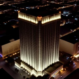 isometric view of Las Vegas skyscraper at night, detailed, dirty, filth and grime, aerial view, photography 1975