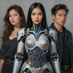 portrait of indonesian woman wearing cybernetic power armor. electronic overbust corset. intricate painting by ross tran, magali villeneuve, and jeremy mann.