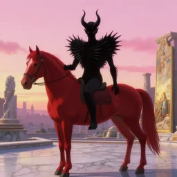 a demonic force with spikey shoulders alexander mcqueen next to red horse in a pink sky bekinski antiquity marble anime film studio ghibli golden hour sunset ryan mcginley gottfried helnwein painting film cinematic 4 k