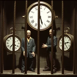 still from a 1 9 9 3 surreal creepy live - action stop - motion puppetry film by fred stuhr in the style of a tool music - video, involving prison and clocks.