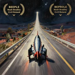 rocket car driving on the lost highway to infinity. Spacetime. Straight highway. Super highway. High speed. Digital painting. Beeple. Noah Bradley. Cyril Roland