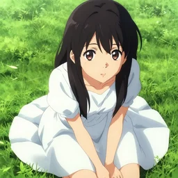 cute girl sitting on grass, big dress, view from above | very very anime!!!, fine - face, audrey plaza, realistic shaded perfect face, fine details. anime. very strong realistic shaded lighting poster by ilya kuvshinov katsuhiro otomo ghost, magali villeneuve, artgerm, jeremy lipkin and michael garmash and rob rey