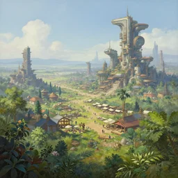 vast landscape distant steampunk cyberpunk market metropolis, lush foliage, hyper real painting by chiara bautista karl kopinski kim jung giu and weta studio, and lucasfilm and jesper ejsing and norman rockwell greg rutkowski frank frazzeta