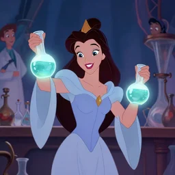 key visual of an attractive sorceress holding two flasks full of glowing liquid, mad scientist's lab background, by gil elvgren and stanley lau, disney princess style, epic, 4 k, hdr, cinematic