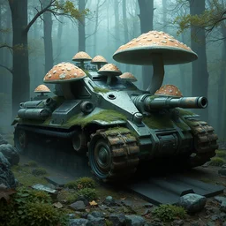 a bio - mechanical tank with mushrooms as camouflage highly detailed, digital painting, artstation, concept art, smooth, sharp focus, elegant, illustration, unreal engine 5, 8 k, art by artgerm and greg rutkowski and edgar maxence