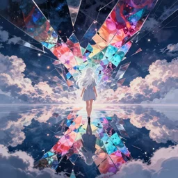 white haired girl walking in cloud pond night, fractal dreamscape, shattered sky cinematic, mirror reflection, vibrant colors, digital anime illustration, award winning, by makoto shinkai