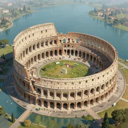 a colosseum like arena with it's central landmass part surrounded by a circle of water, view from the sky, detailed painting, 8 k