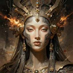 mayan goddess , very detailed face, detailed features, fantasy, circuitry, explosion, dramatic, intricate, elegant, highly detailed, digital painting, artstation, concept art, smooth, sharp focus, illustration, art by Gustave Dore, octane render
