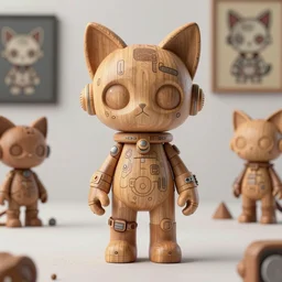 octane render 8 k sculpture beautiful realistic character wooden design art toys collection very cute figurine occult android cat ears cyberpunk, doodle photorealistic in gallery of art in background concept art cgsociety style popart