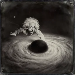 albert einstein drifting in space close to event horizon of black hole, vintage, calotype, tintype