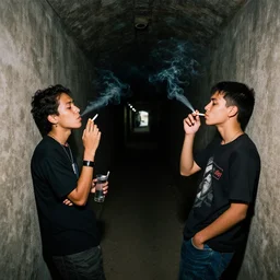 two chav smoking cigarettes listening to drum & bass, inside of a long dark tunnel, kids smoking and drinking