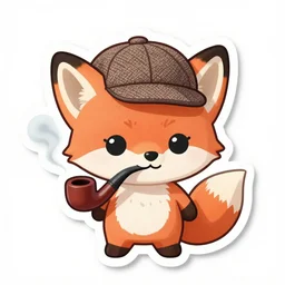 a beautiful sticker of a cute chibi fox wearing a tweed hat and smoking a pipe