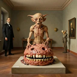 a big slaughter room with a teratoma full of crooked teeth on a plinth in the middle realizing that it is an entity with a conscience painted by giorgio de chirico lucian freud and goya