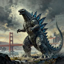 thomas kinkade draws godzilla attacking san francisco