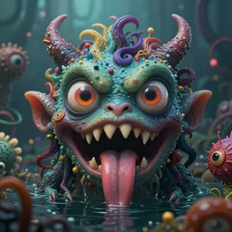 intricate colourful murky with strange cute friendly angry crazy creatures with huge beauty eyes * long tongue triangle teeth and scary face appearing from the water, in the style of craola, shallow depth of field, highly detailed, digital painting, trending artstation, concept art, illustration, cinematic lighting, vibrant colors, photorealism, epic, octane render