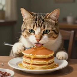 concept art painting of a cat eating pancakes, realistic, detailed, cel shaded, in the style of makoto shinkai and greg rutkowski and james gurney