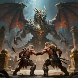 Over the shoulder view of conan the Barbarian fighting a very very huge  massive giant fantasy one headed Chinese dragon with wings in an aztec temple at night, in the style of greg rutkowski, illustration, epic, fantasy, intricate, hyper detailed, artstation, concept art, rim lighting, elder scrolls, unreal, smooth, sharp focus, ray tracing
