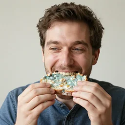 Man happily eating moldy stale bread covered in fungus