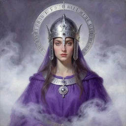 portrait of a divine person dressed in purple robes and a round helmet!!!, knight helmet!!!!!!!, silver crown, runes, jewelry, mystical, ethereal, magical white fog, painting by greg rutkowski and alphonse mucha