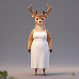 portrait, 3 d render, tall slightly fat, anthropomorphic female deer with small antlers, wearing along white dress, in the style of zootopia,