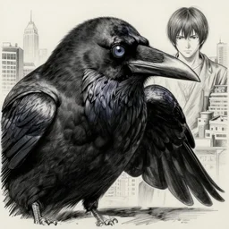 portrait raven bird by yusuke murata and masakazu katsura, artstation, highly - detailed, cgsociety, artstation, pencil and ink, fighting pose, city in the background, dark colors, detailed face