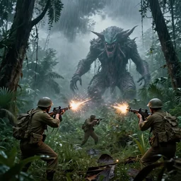 A photo of 1960\'s US soldiers shooting at an eldritch monster in the jungle during a thunderstorm. highly detailed, cinematic lighting, 8k
