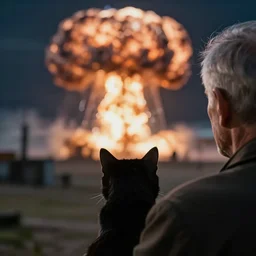 cinematic movie close up shot from behind, background blur bokeh, old man sitting with black cat watching nuke explosion close up shot from behind, world ending nuke, 4 k