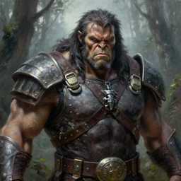 frazetta hulked cyborg werewolf terminator concept art macro medium close up shot, rugged werewolf as barbarian wearing war soldier uniform armor in deep forest, mist, overcast, oil painting by greg rutkowski, by frazetta and greg rutkowski