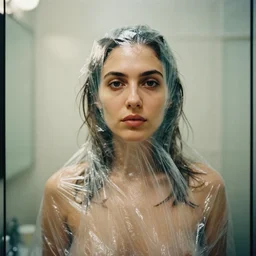 a color photograph, closeup portrait of a woman wrapped in plastic, standing in a bathroom, color photograph, by vincent desiderio, canon eos c 3 0 0, ƒ 1. 8, 3 5 mm, 8 k, medium - format print