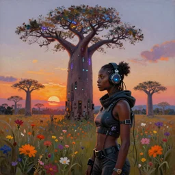 an african cyberpunk hacker girl with her headset plugged into a giant glowing baobab tree in the middle of a field of flowers at sunset, by greg rutkowski and android jones in a surreal cyberpunk! style, oil on canvas, 8k hd,