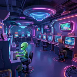two alien playing game at its spacious gaming room, hi - tech gaming setup, intricate, led lights, retrowave, indoor, spacious, artstation, art by austin briggs and artgerm