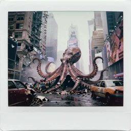 giant octopus standing in postapocalyptic abandoned destroyed times square, wrecked buildings, destroyed flipped wrecked cars, polaroid photo, vintage, foggy, 1 9 8 5, neutral colors, rainy day, color photo by gregory crewdson