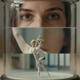 beautiful three point perspective film still of holly herndon dance scene in merce cunningham, extreme closeup portrait in style of frontiers in blade runner miniature photography fashion architectural art studio seinen manga edition, real - life porcelain statue in glass jar, eye contact, anatomically correct, pointe pose, tilt shift background, soft lighting, kodak portra 4 0 0, 8 k, macro, cinematic style by emmanuel lubezki