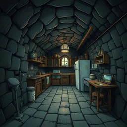 underground basement, dark dark dark walls, fisheye spiral, naive, extra narrow, detailed illustration of a kitchen, large floor, by gediminas pranckevicius, trending artstation, tavern