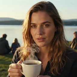 close - up portrait of mila kunis, golden hour, steaming coffee, mystical lake view vista, anton fadeev, paul lehr, rhads, alena aenami