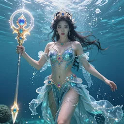 a beautiful female human god of water character, character is in all its glory under the water, character is centered on the image, character is holding powerful weapon, rim lights, highly detailed professional photo, dynamic lights, particles and crystals are flying, very deep depth of field, trending on artstation, illustration, hyper realistic, vray caustics, super detailed, colorful accents, cinematic shot