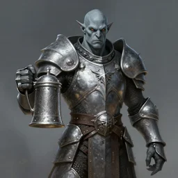 grey half - orc in silver moon armor holding a metal beer stein tankard, d & d, fantasy, highly detailed, digital painting, trending on artstation, concept art, sharp focus, illustration, global illumination, shaded, art by artgerm and greg rutkowski and fuji choko and viktoria gavrilenko and hoang lap